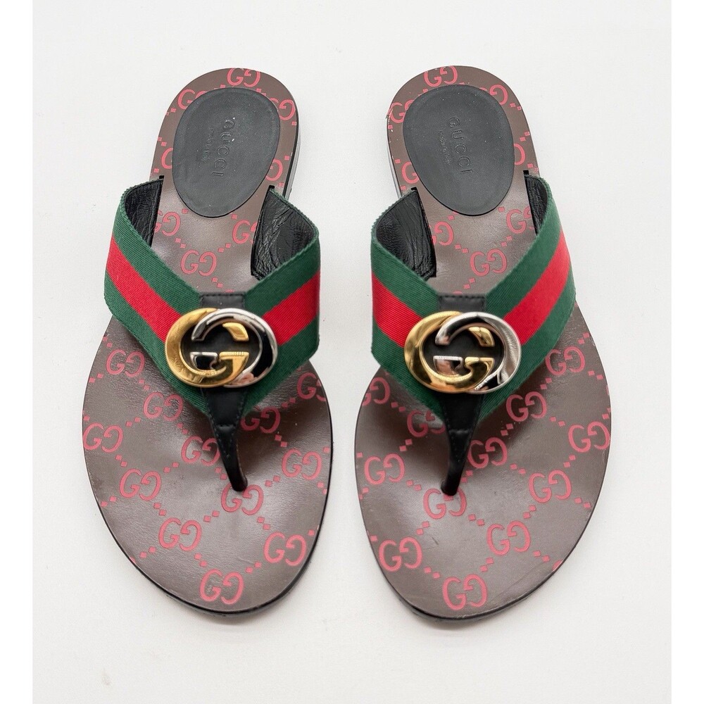 Gucci Kika GG Web Stripe Thong Sandals Black Red Flip Flop Flats EU 37.5 US 7.5 - Picture 2 of 13